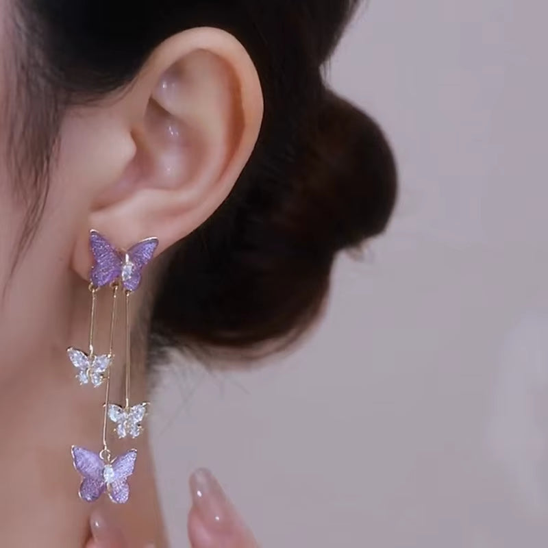 New Fashion Purple Crystal Butterfly Long Tassel Stud Earrings Temperament Sweet and Lovely Jewelry Party Premium Gift Wholesale